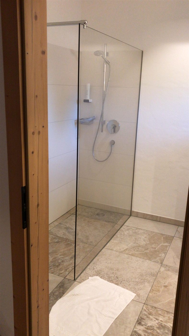 Walk-in-Dusche mit rahmenloser Glaswand und Stabilisationsstange