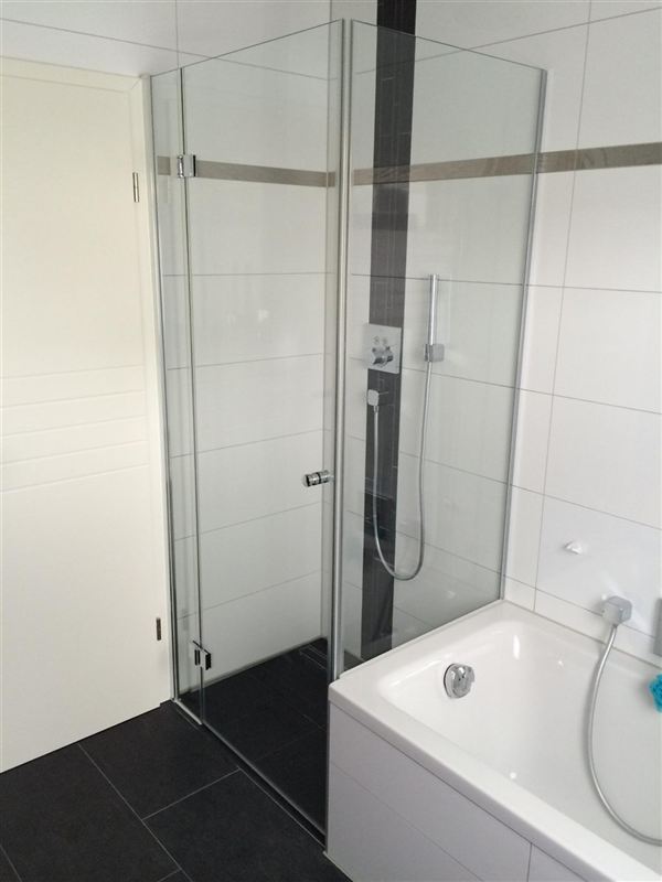 Glas-Duschabtrennung mit Tür neben einer Badewanne